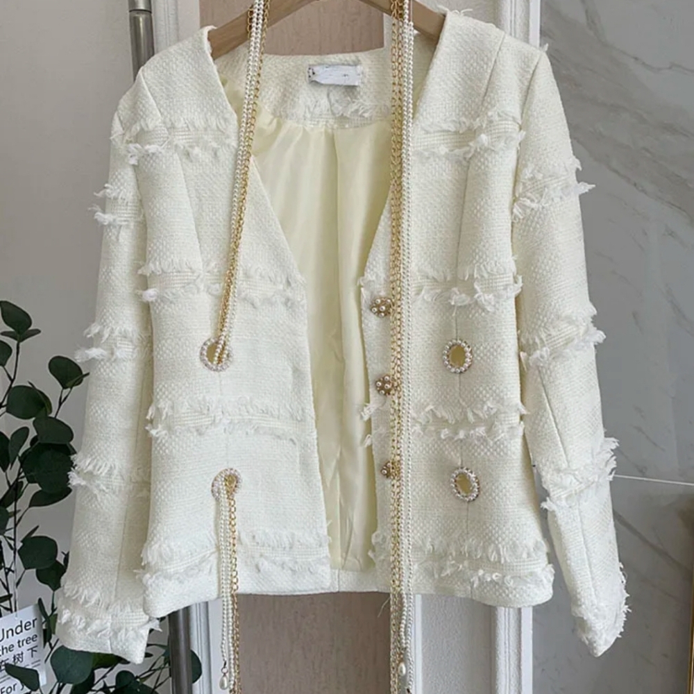 Elegant Pearl Chained Tweed Blazer Cream Fringe Bouclé Jacket